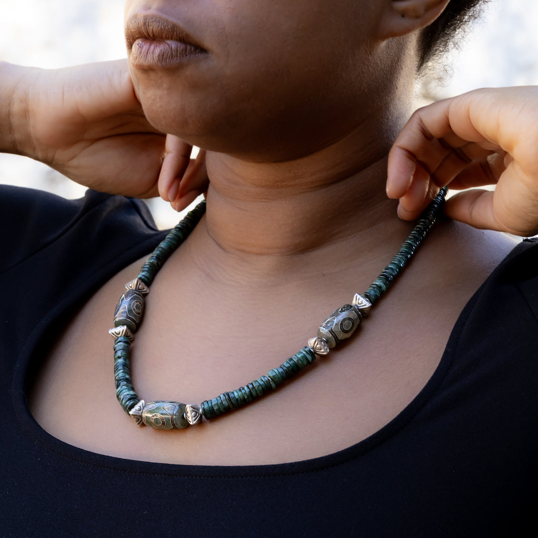 ZOISITE AND TIBETAN DZI AGATE NECKLACE