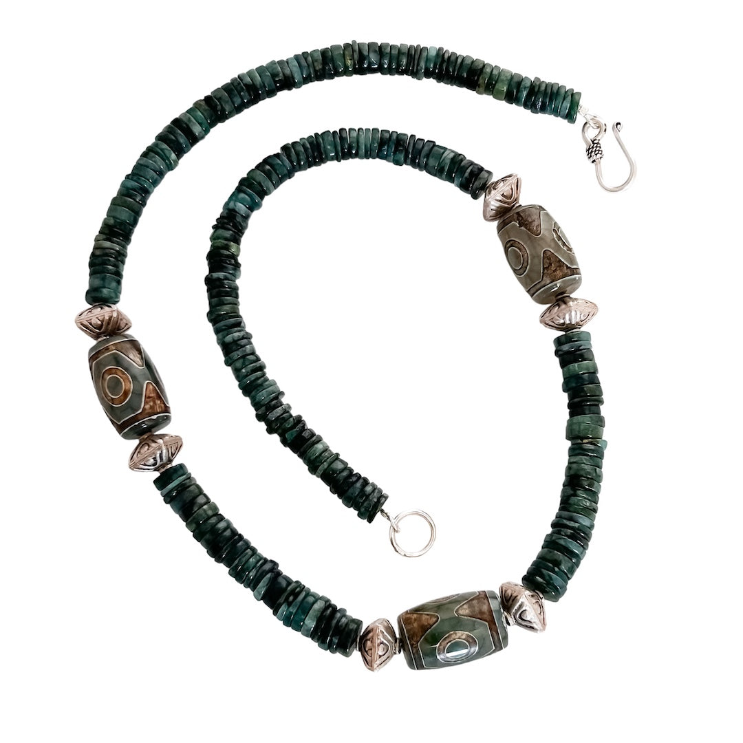 ZOISITE AND TIBETAN DZI AGATE NECKLACE