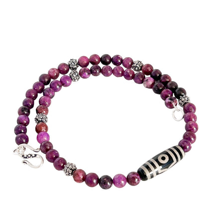 LEPIDOLITE AND TIBETAN DZI AGATE NECKLACE