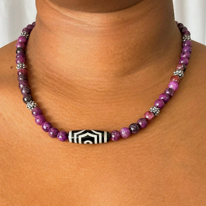 LEPIDOLITE AND TIBETAN DZI AGATE NECKLACE